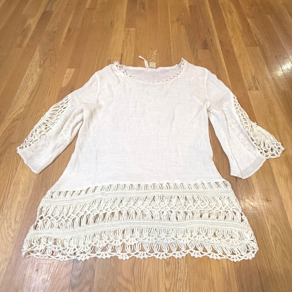 Forgotten Grace Cream Crochet Lace Gauze Tunic Top Bell Sleeve Boho‎ Large